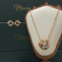 Multicolour Zirconia Pendant and Earring Set – Gold-Tone Statement Jewellery