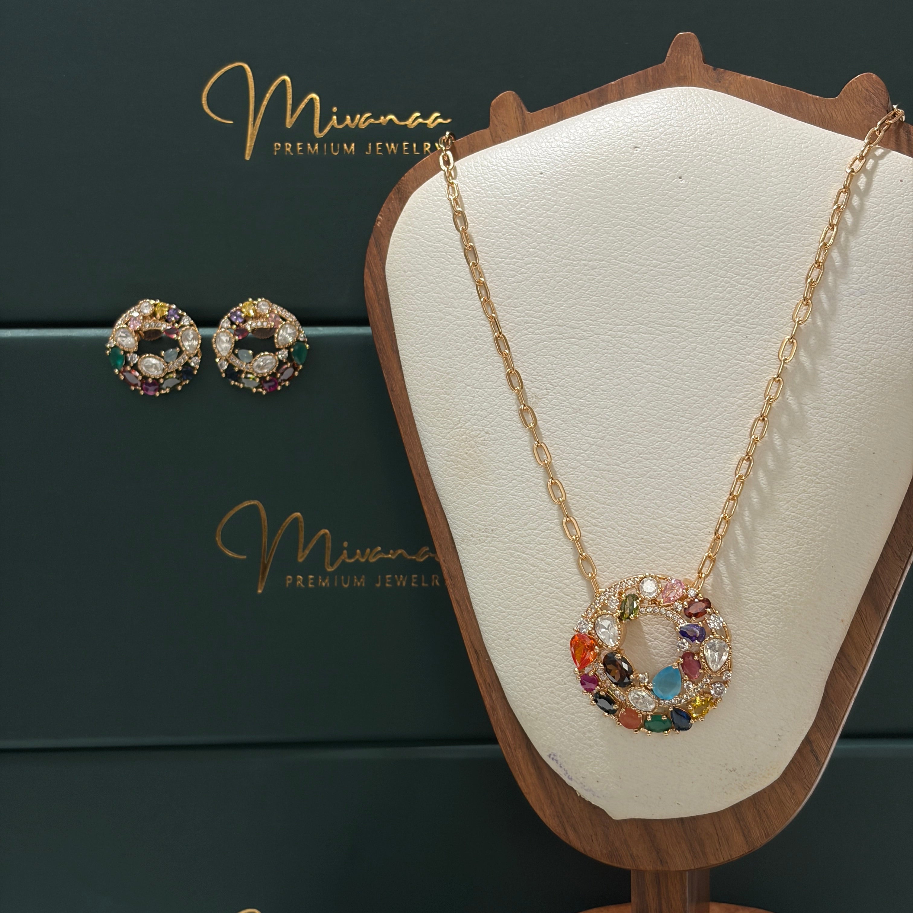 Multicolour Zirconia Pendant and Earring Set – Gold-Tone Statement Jewellery