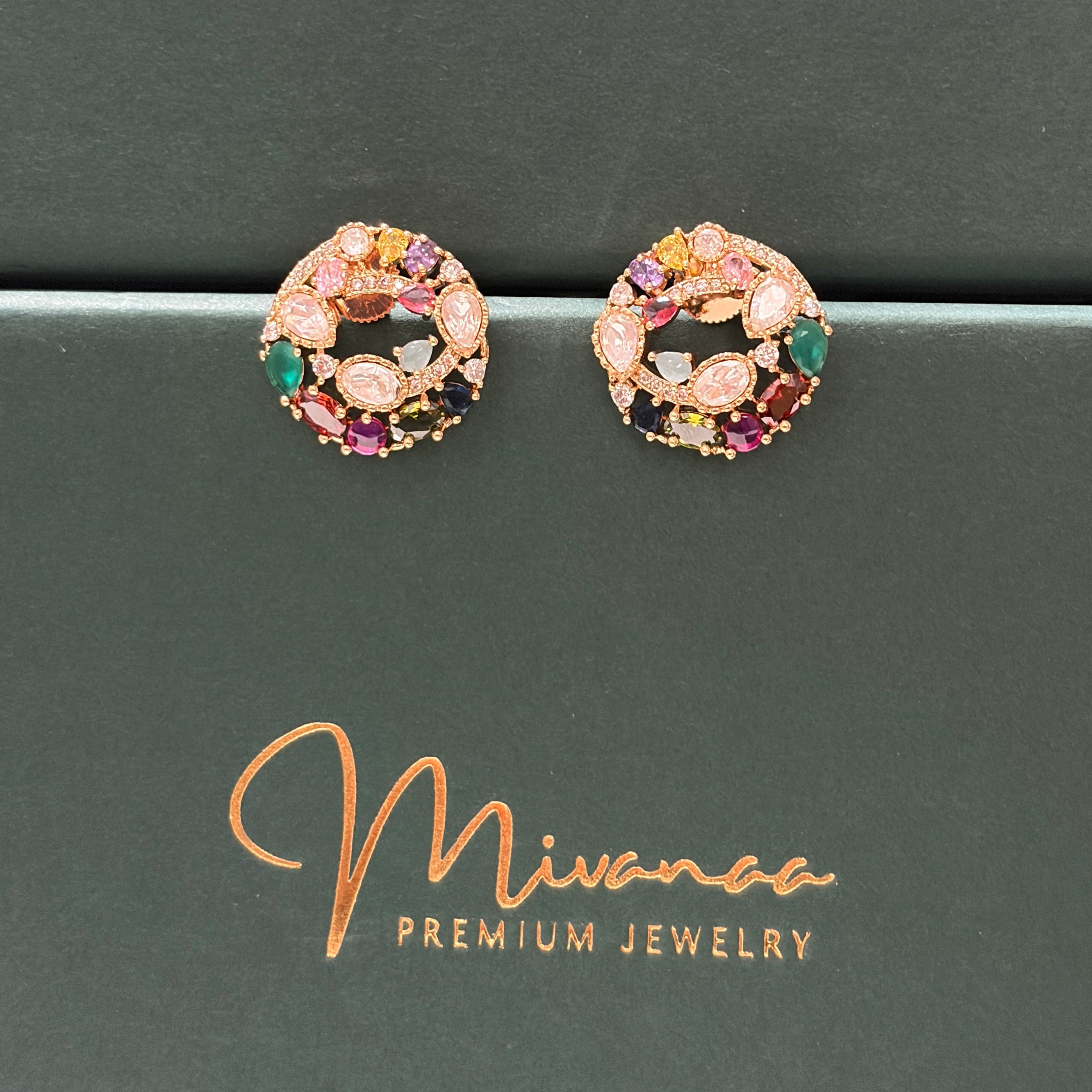 Multicolour Zirconia Pendant and Earring Set – Gold-Tone Statement Jewellery