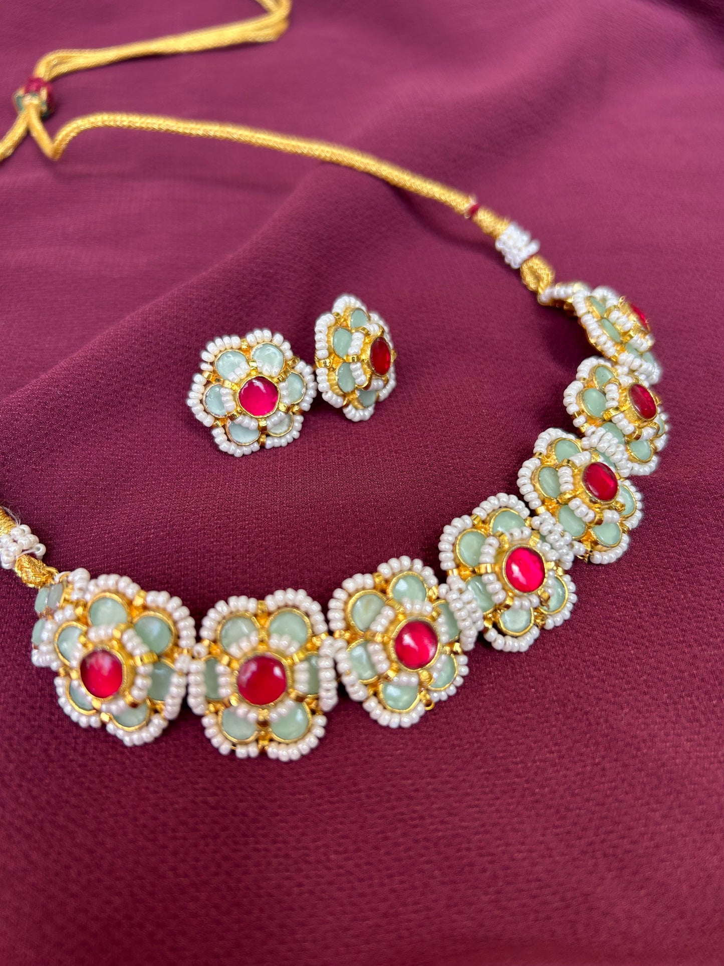 Mint and Pink Stone Pacchi Polki Jewelry Set: A Harmonious Blend of Elegance and Radiance - Mivanaa