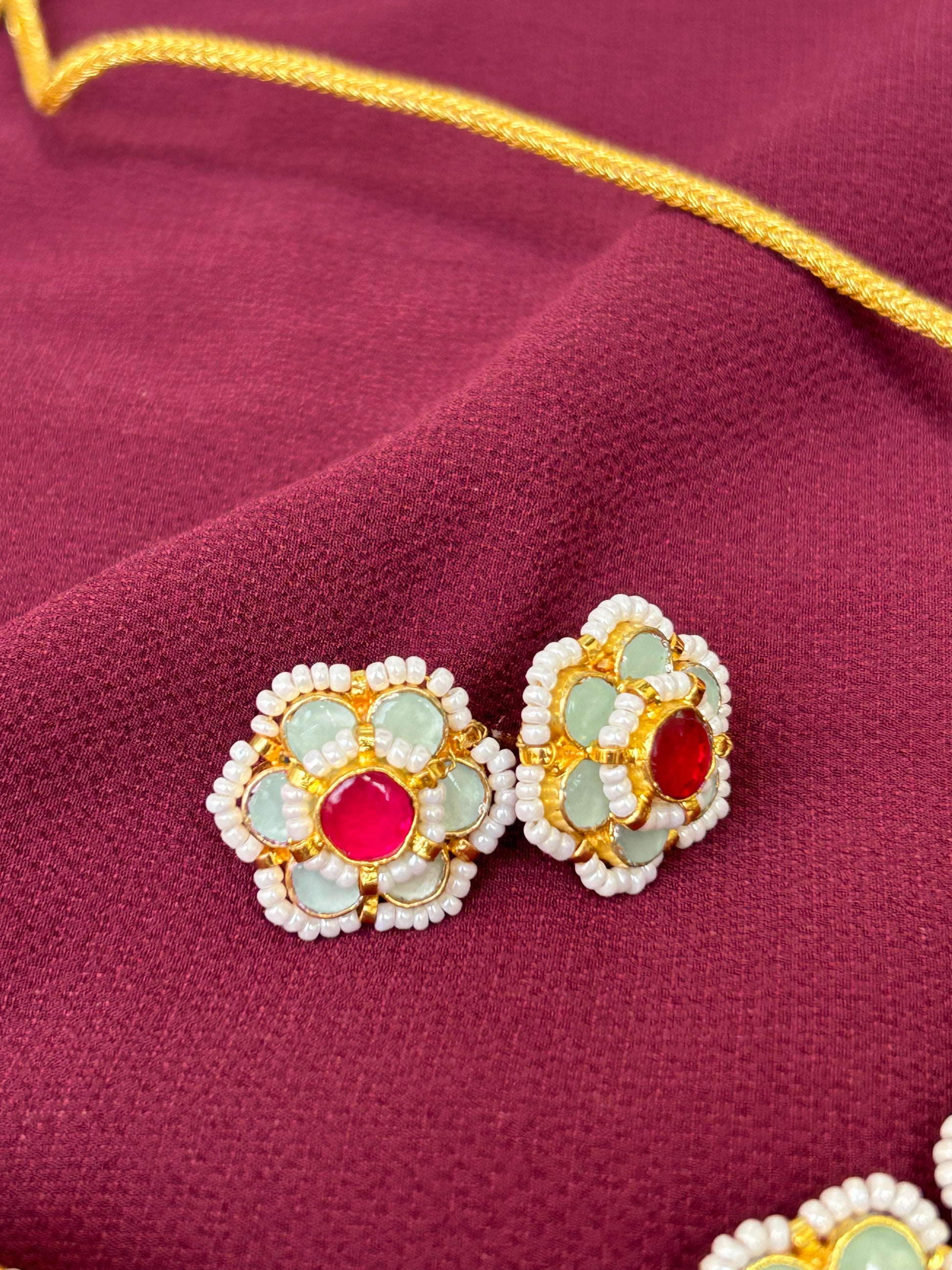 Mint and Pink Stone Pacchi Polki Jewelry Set: A Harmonious Blend of Elegance and Radiance - Mivanaa