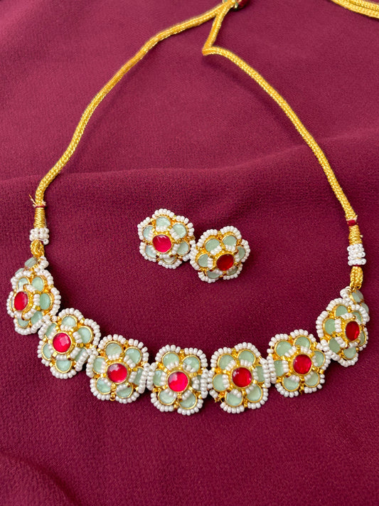 Mint and Pink Stone Pacchi Polki Jewelry Set: A Harmonious Blend of Elegance and Radiance - Mivanaa