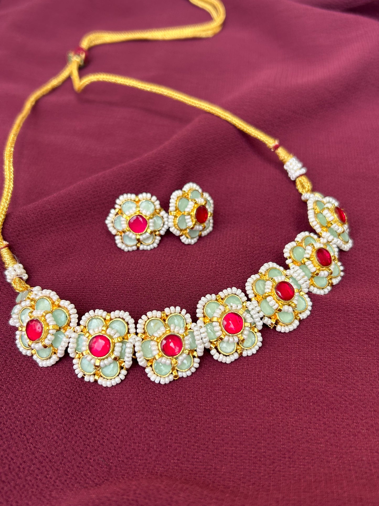 Mint and Pink Stone Pacchi Polki Jewelry Set: A Harmonious Blend of Elegance and Radiance - Mivanaa