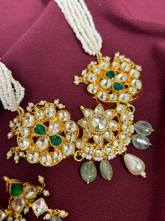 Golden Verdant Symphony Pacchi- A Timeless Fusion of Gold Polished Green Kundan Jewelry Set - Mivanaa