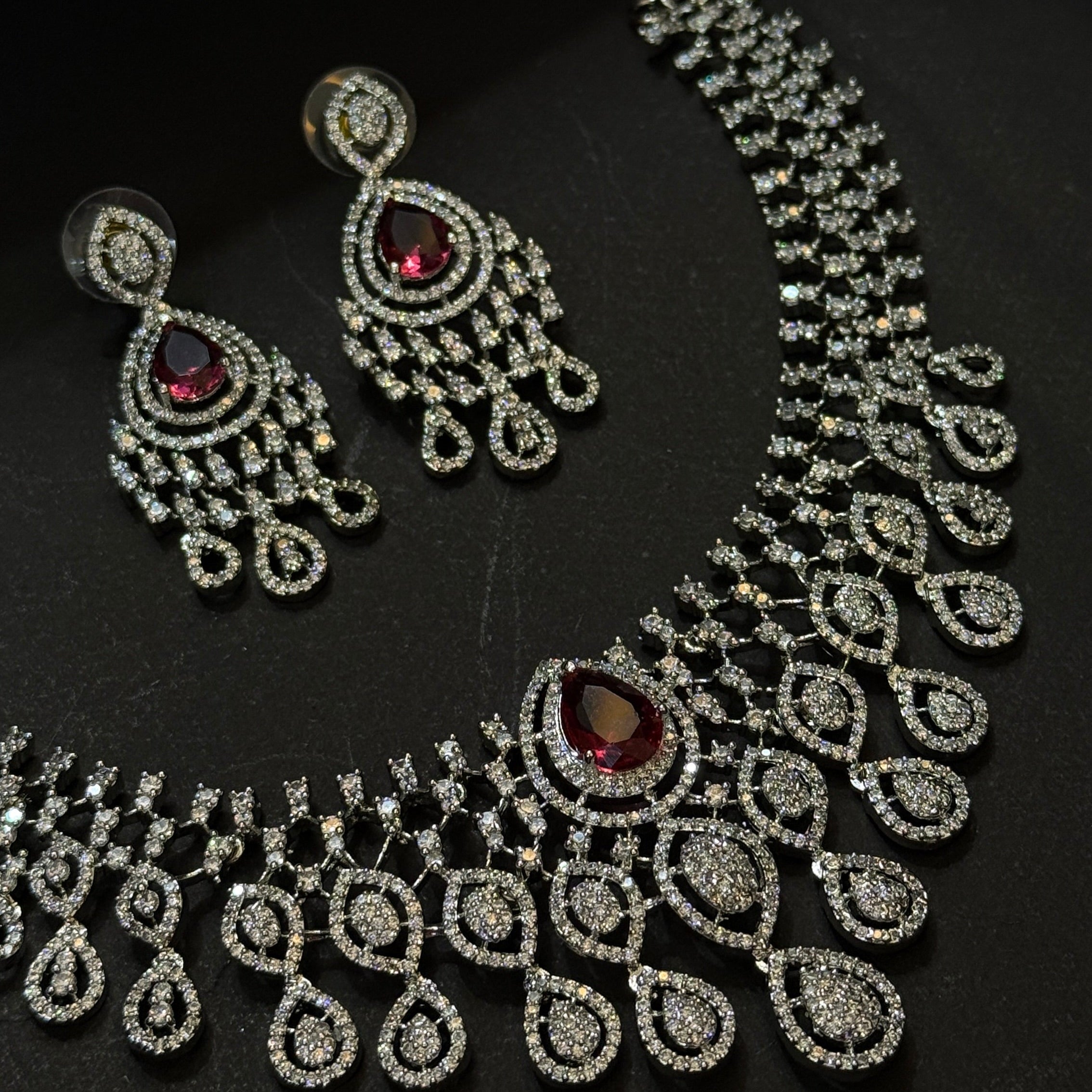 Royal Ruby Teardrop American Diamond Necklace Set