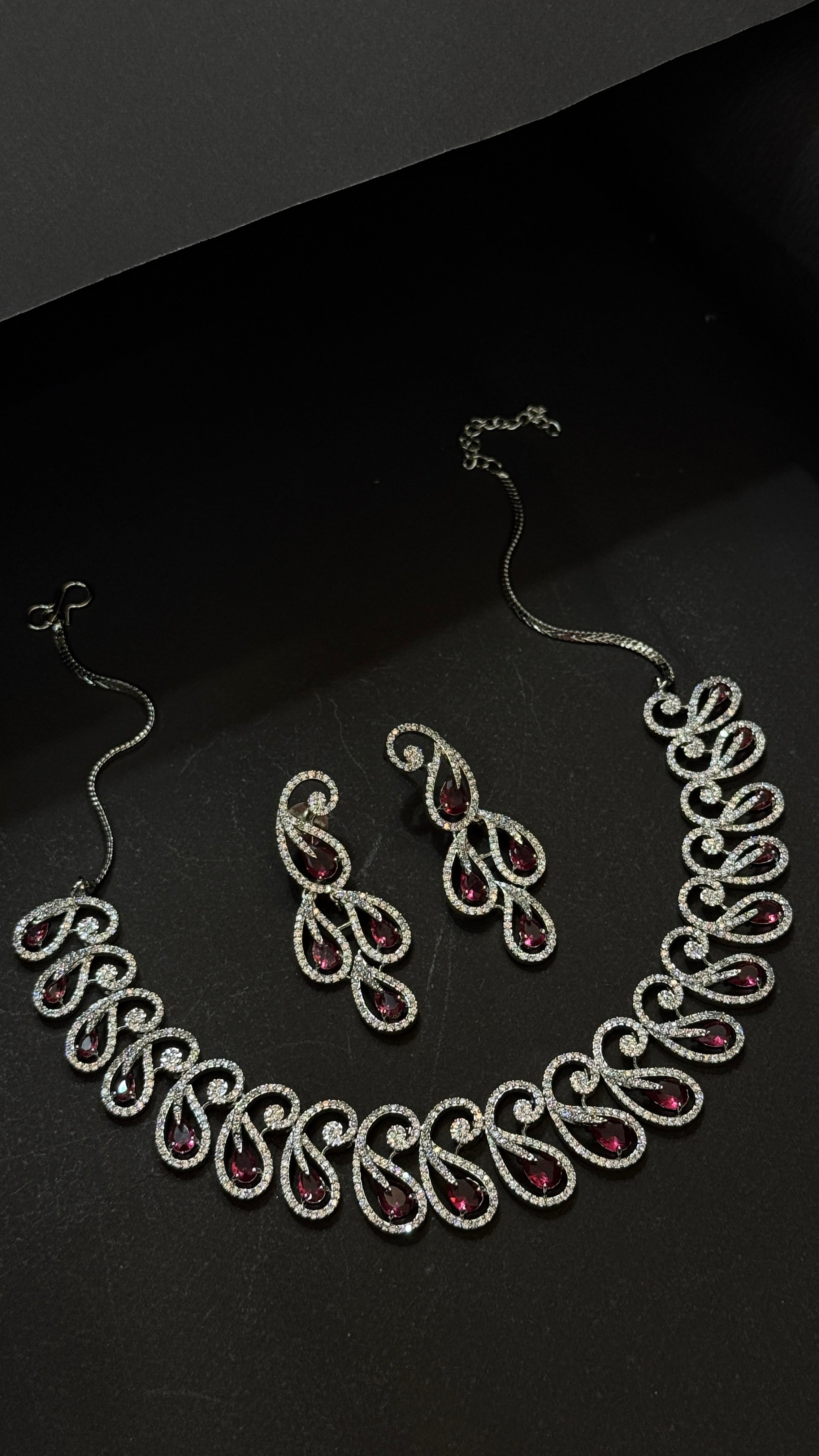 Ruby Teardrop American Diamond Statement Necklace Set