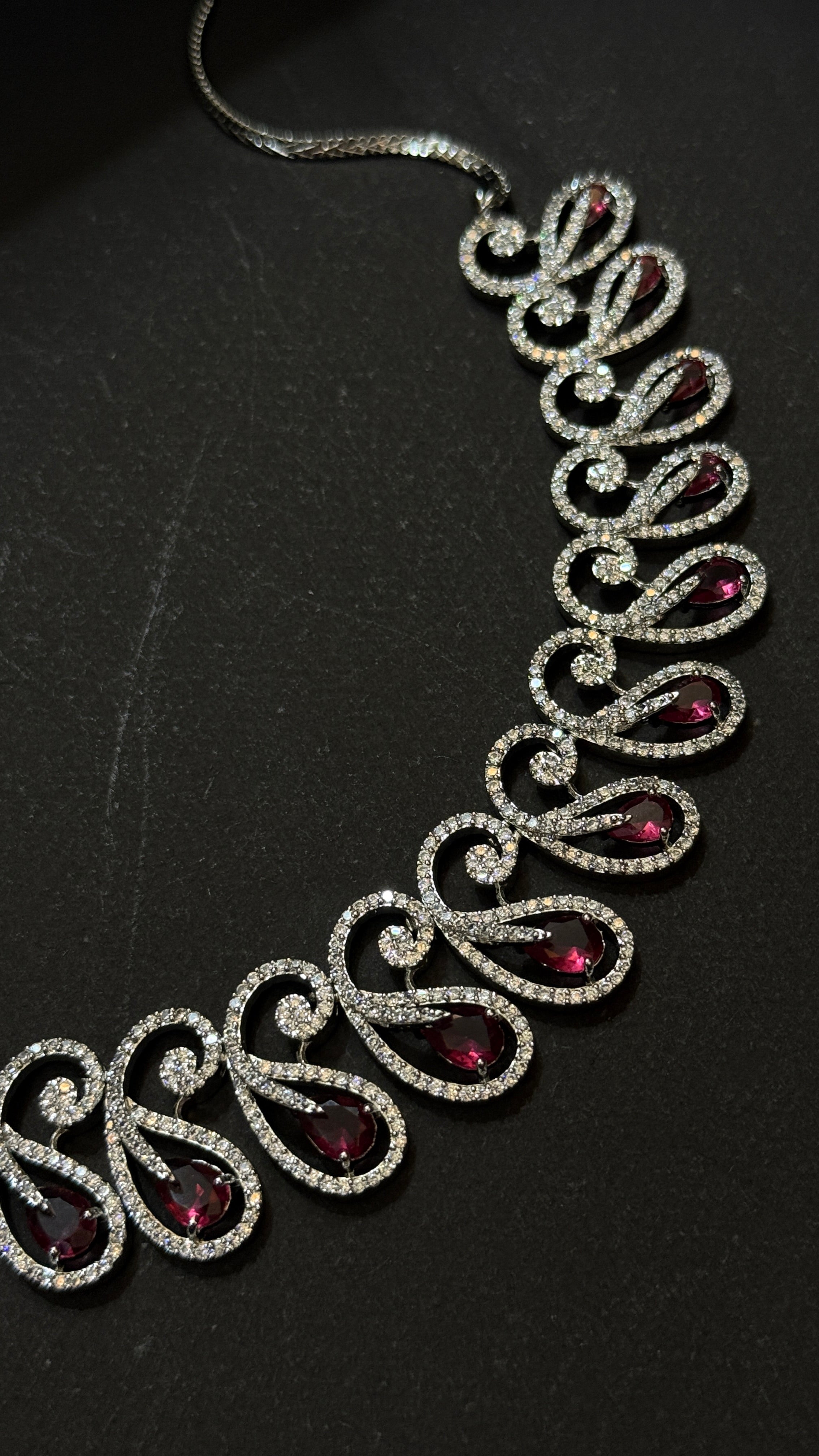 Ruby Teardrop American Diamond Statement Necklace Set