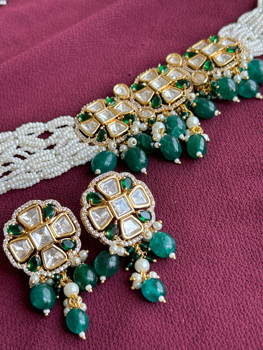 Elegant Green Kundan Beaded Choker Set - Timeless Beauty - Mivanaa