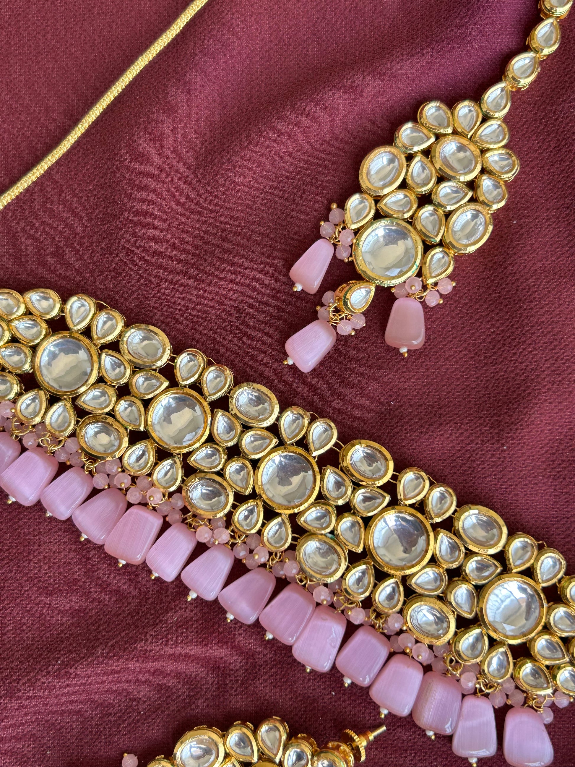 Radiant Pink Kundan Necklace Set - Timeless Elegance - Mivanaa