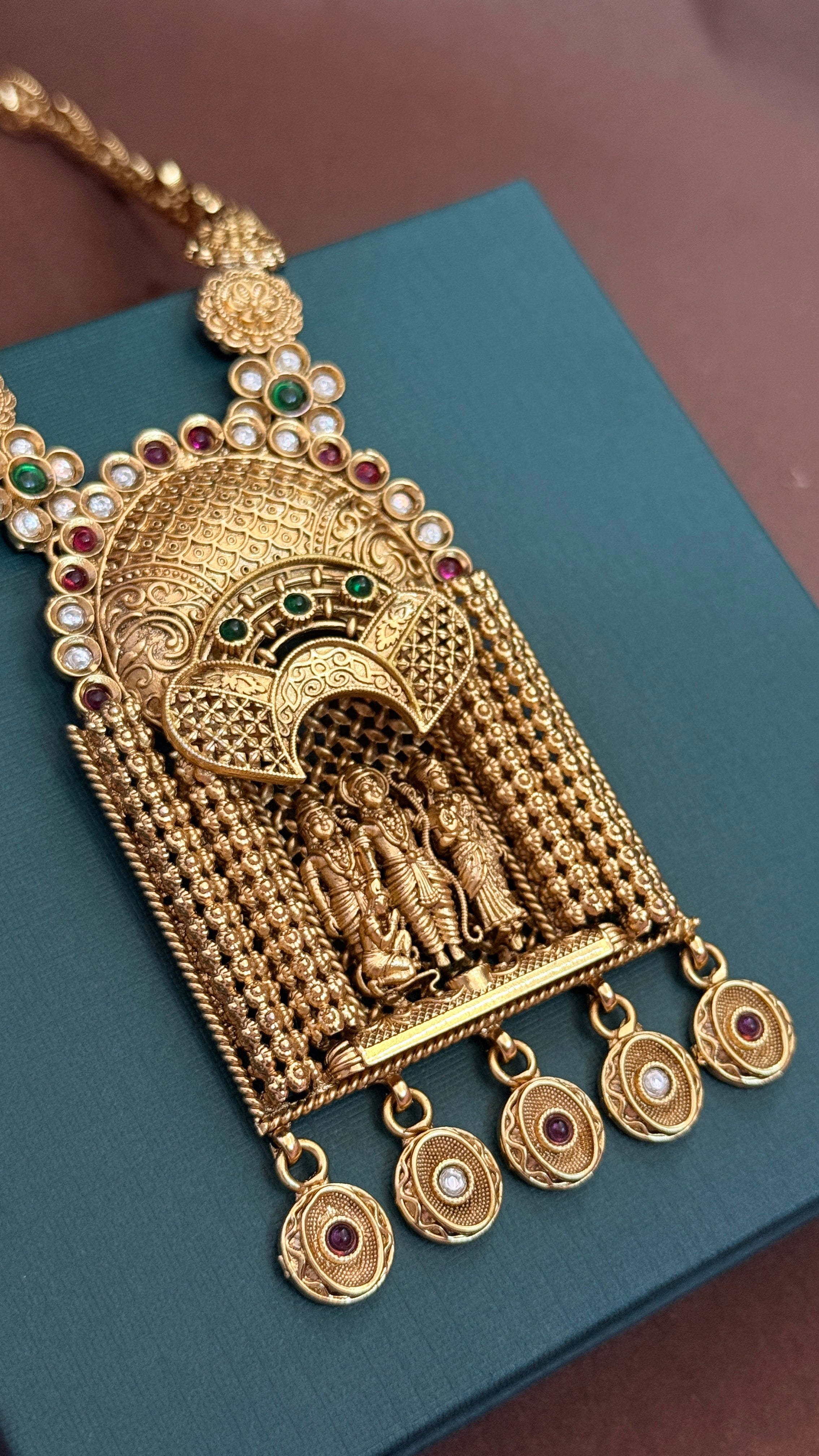 Temple Lakshmi Gold Long Haram Necklace with Antique Pendant