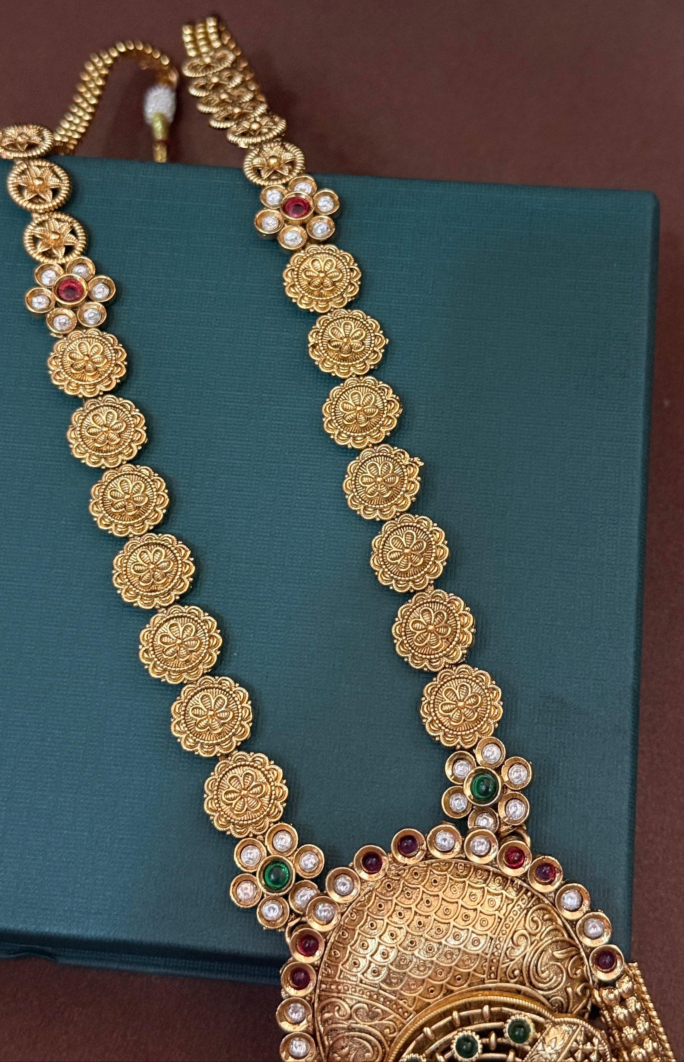Temple Lakshmi Gold Long Haram Necklace with Antique Pendant