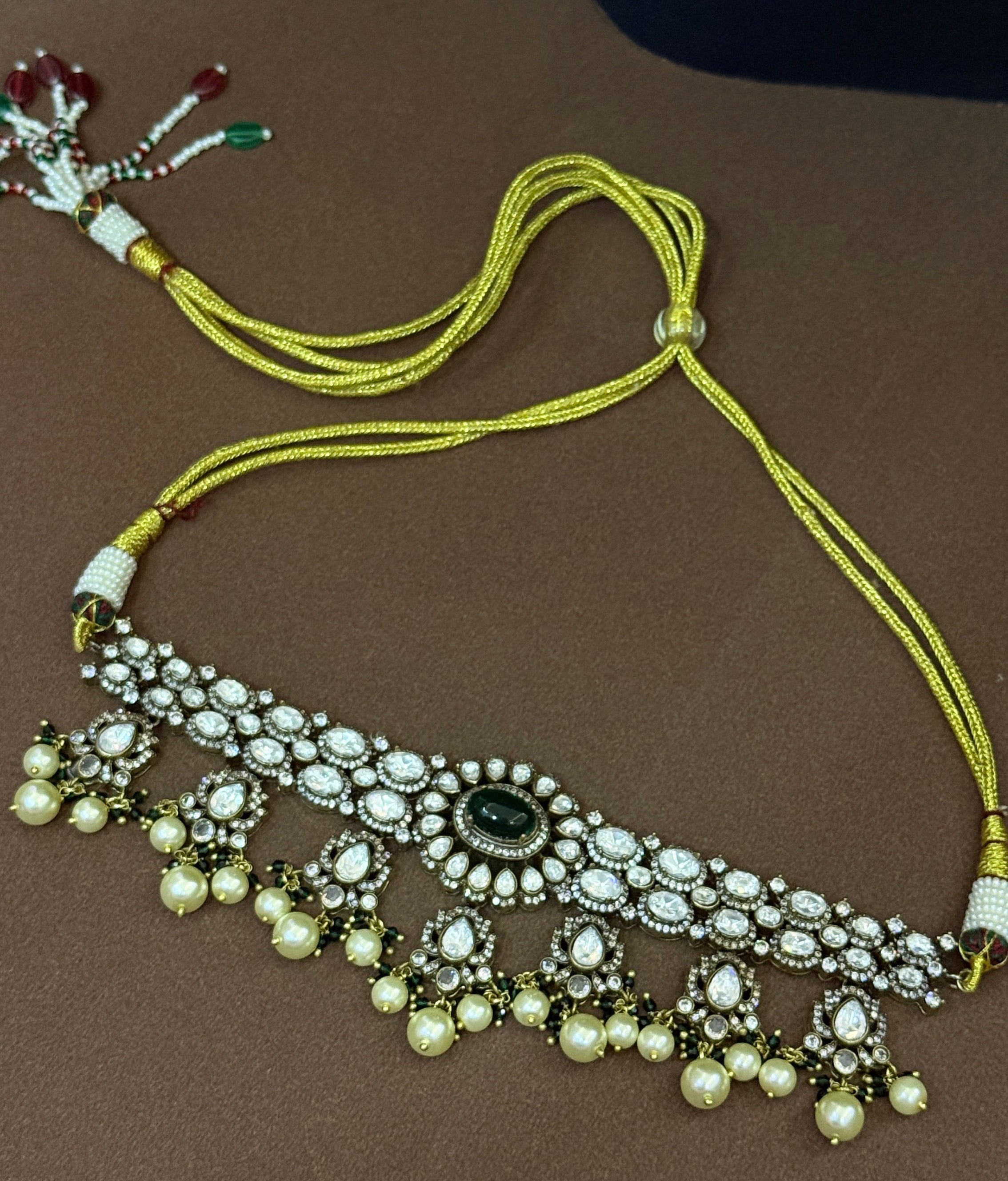 Royal Green Kundan Pearl Choker Necklace Set