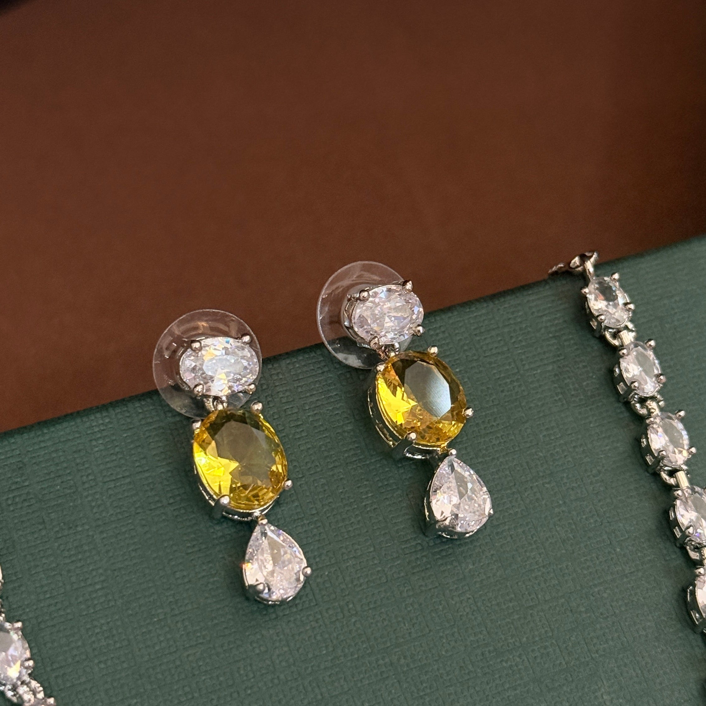 Elegant Yellow Crystal Drop Earrings & Silver Zircon Necklace