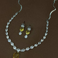 Elegant Yellow Crystal Drop Earrings & Silver Zircon Necklace
