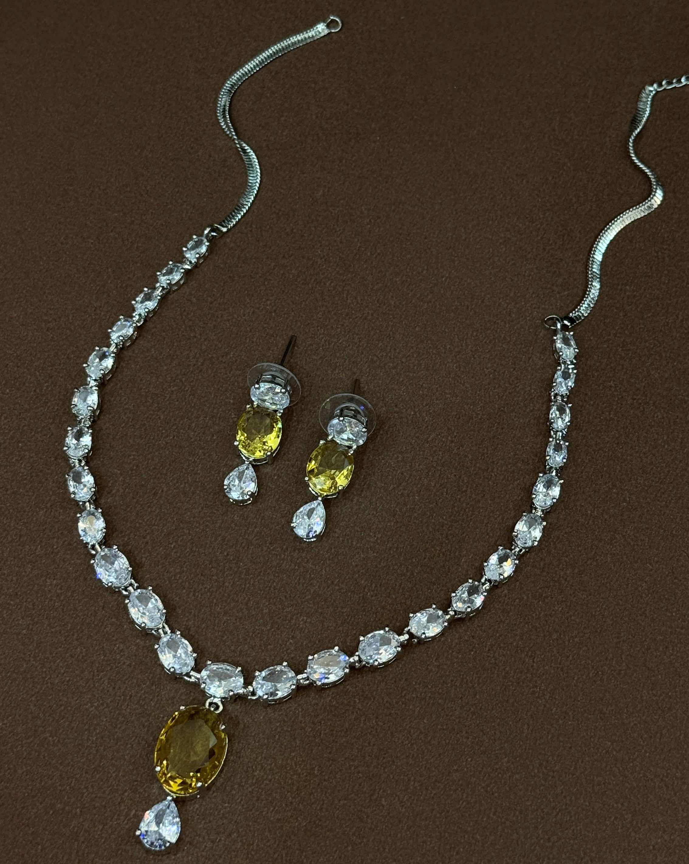 Elegant Yellow Crystal Drop Earrings & Silver Zircon Necklace