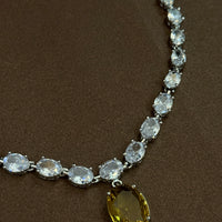 Elegant Yellow Crystal Drop Earrings & Silver Zircon Necklace