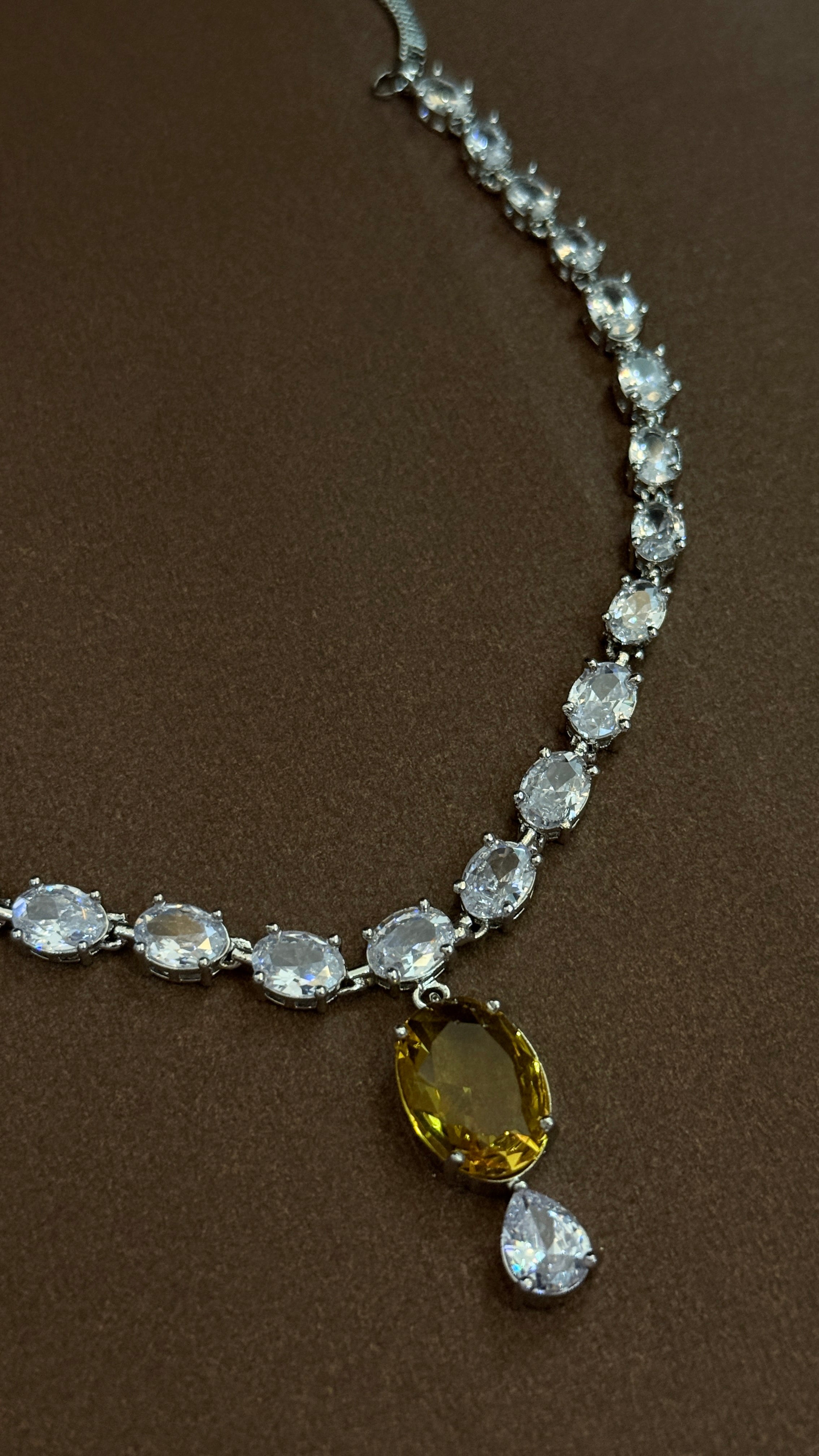 Elegant Yellow Crystal Drop Earrings & Silver Zircon Necklace