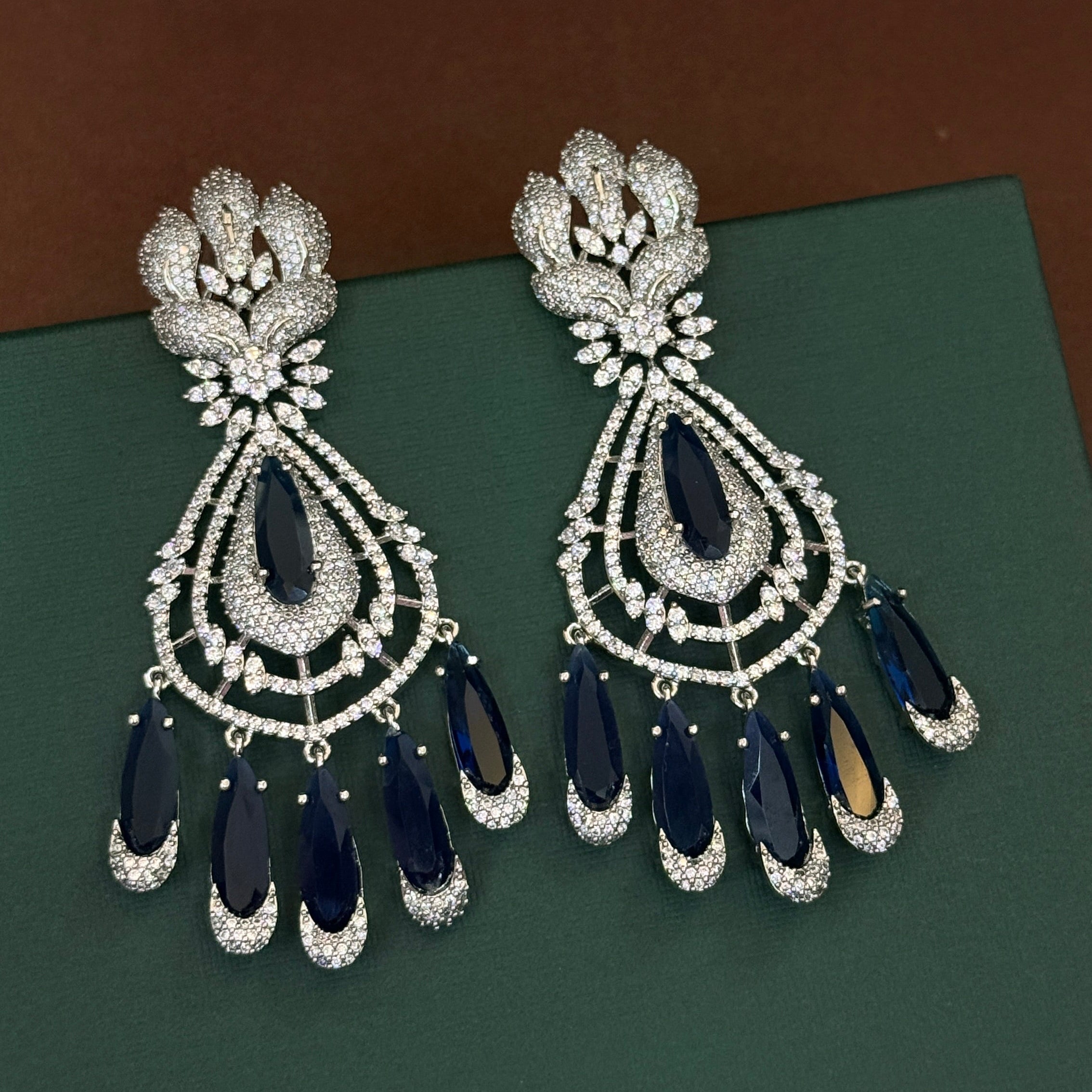 Royal Blue Teardrop Chandelier Earrings with Crystal Stones