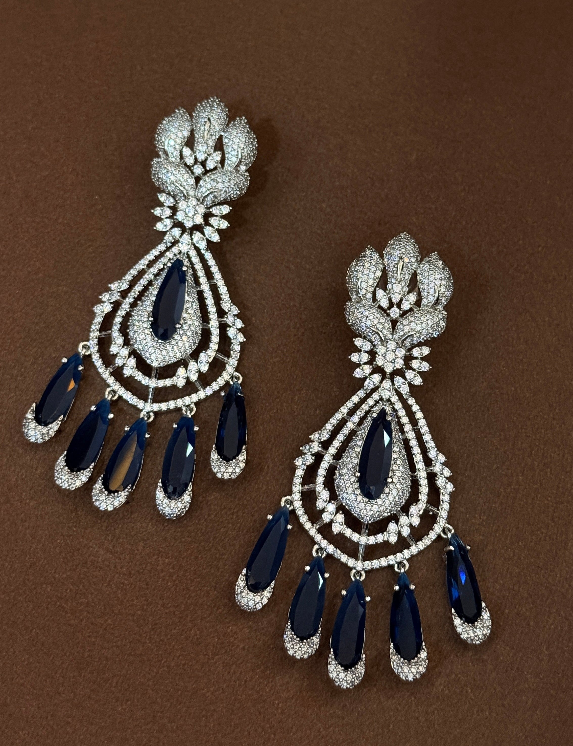 Royal Blue Teardrop Chandelier Earrings with Crystal Stones