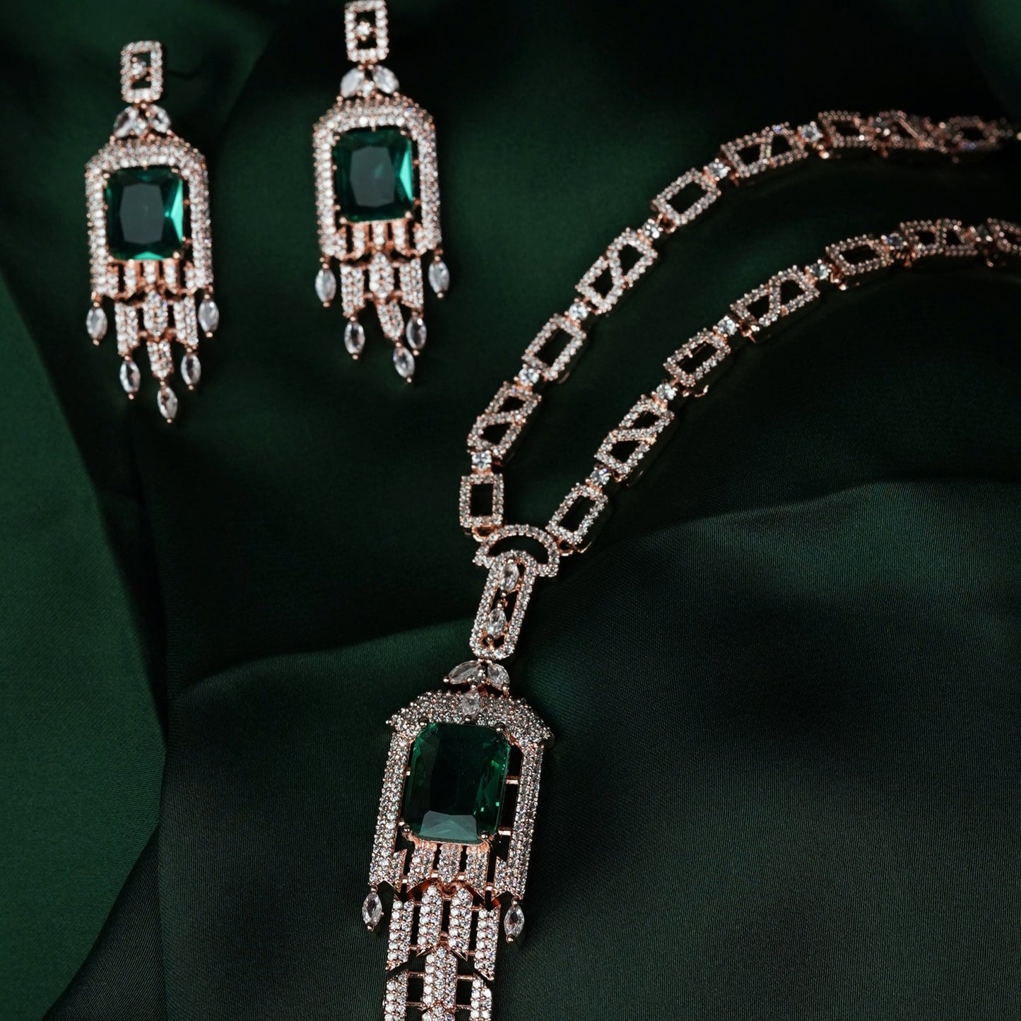 Mivanaa Emerald and American Diamond Long Design Necklace Set - Mivanaa