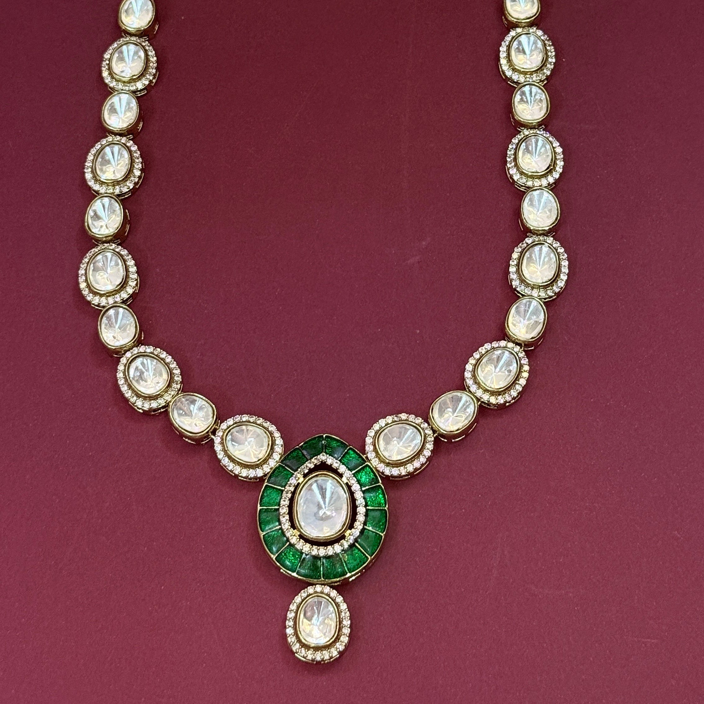 Traditional Kundan Necklace Set with Green Stones for Women