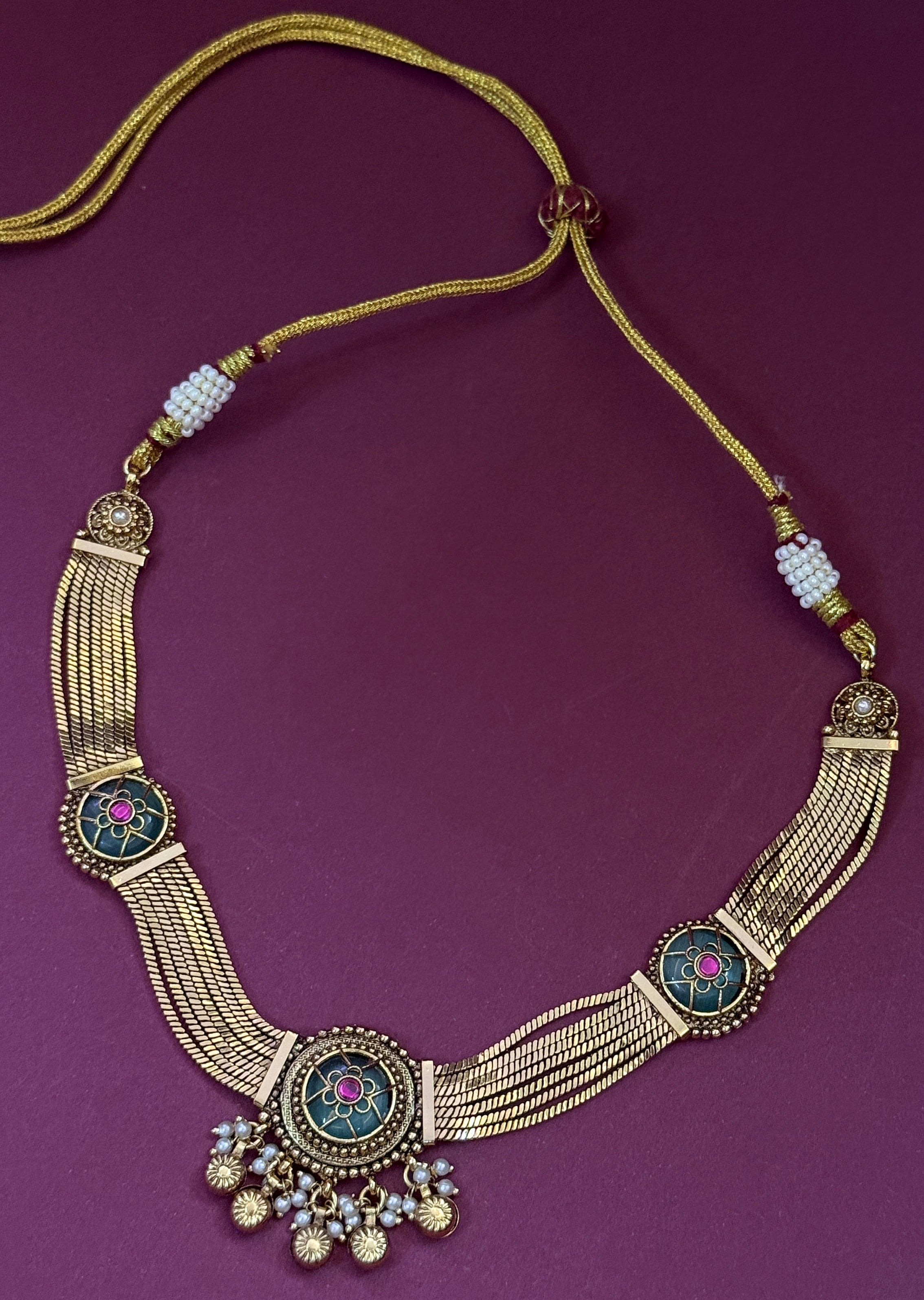 Traditional Green Stone Gold Plated Necklace Set