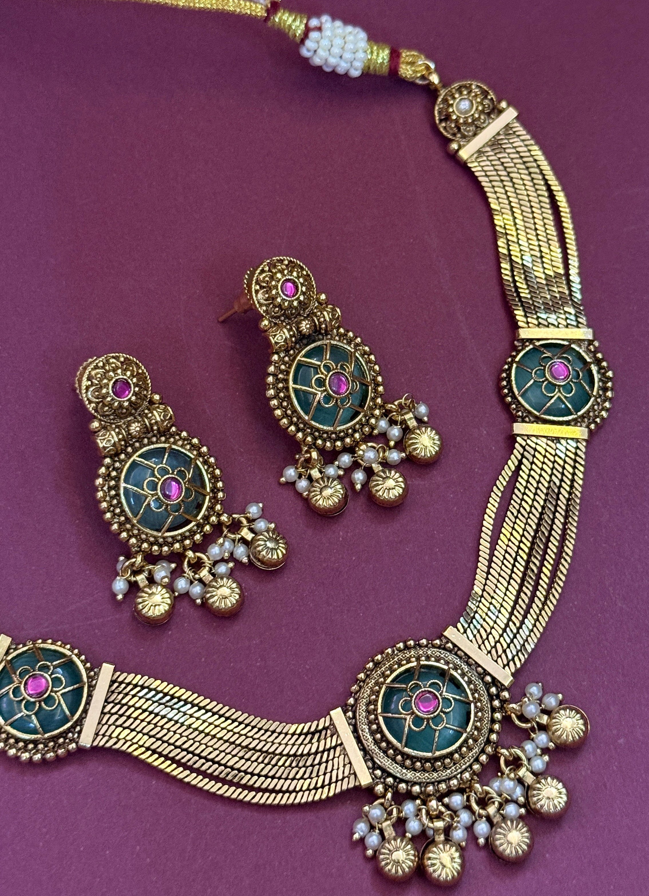 Traditional Green Stone Gold Plated Necklace Set