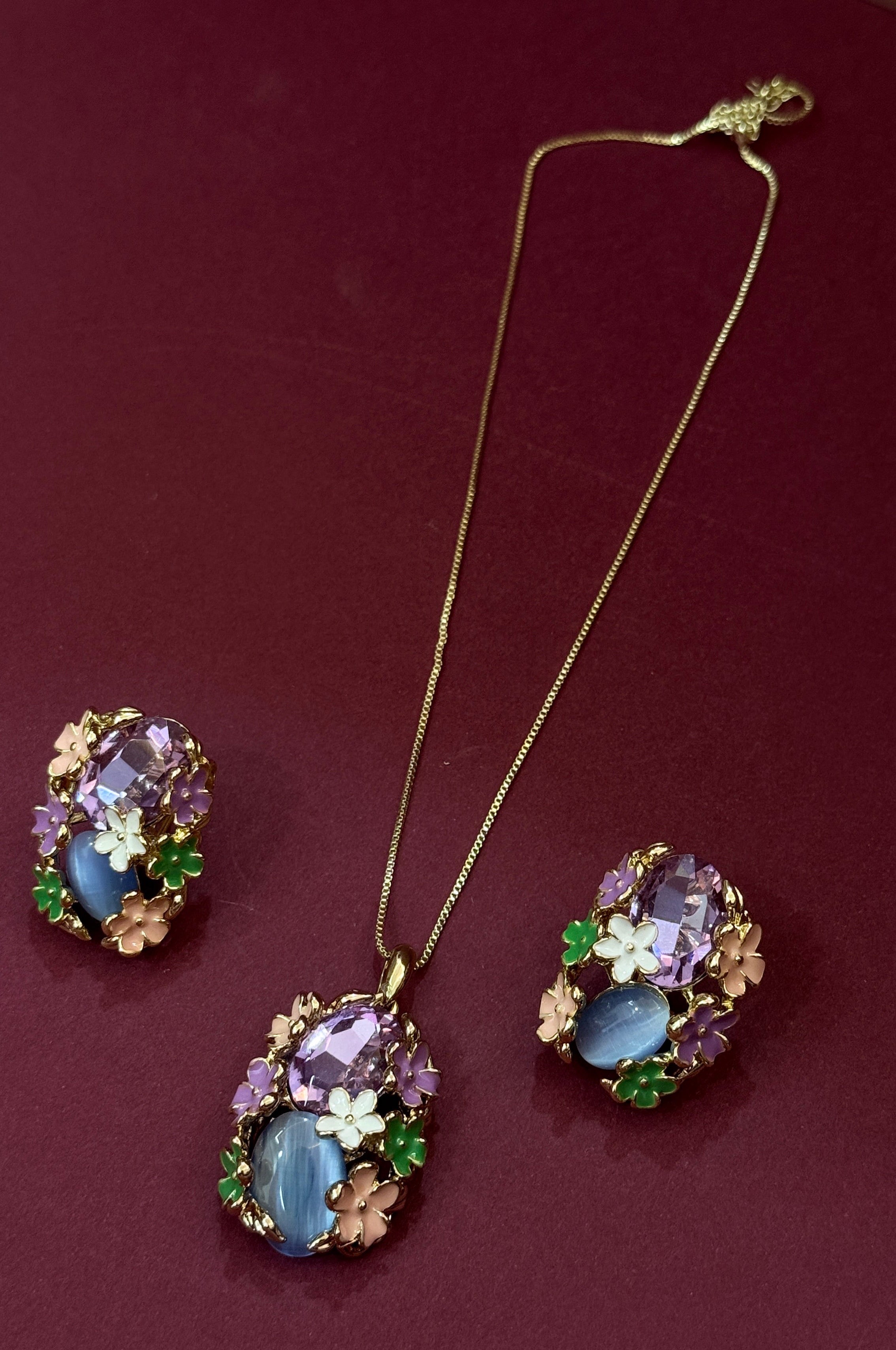 Luxury Floral  Multi Crystal Pendant  & Stud Earrings Set for Women