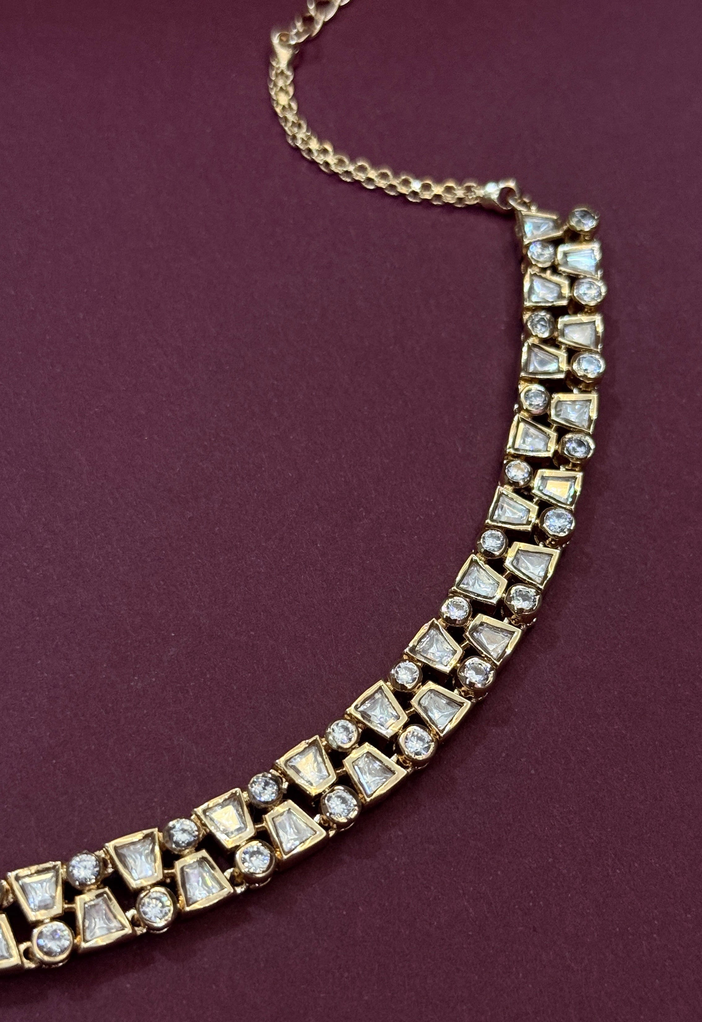 Luxury Gold Plated Polki Kundan Necklace Set with Stud Earrings