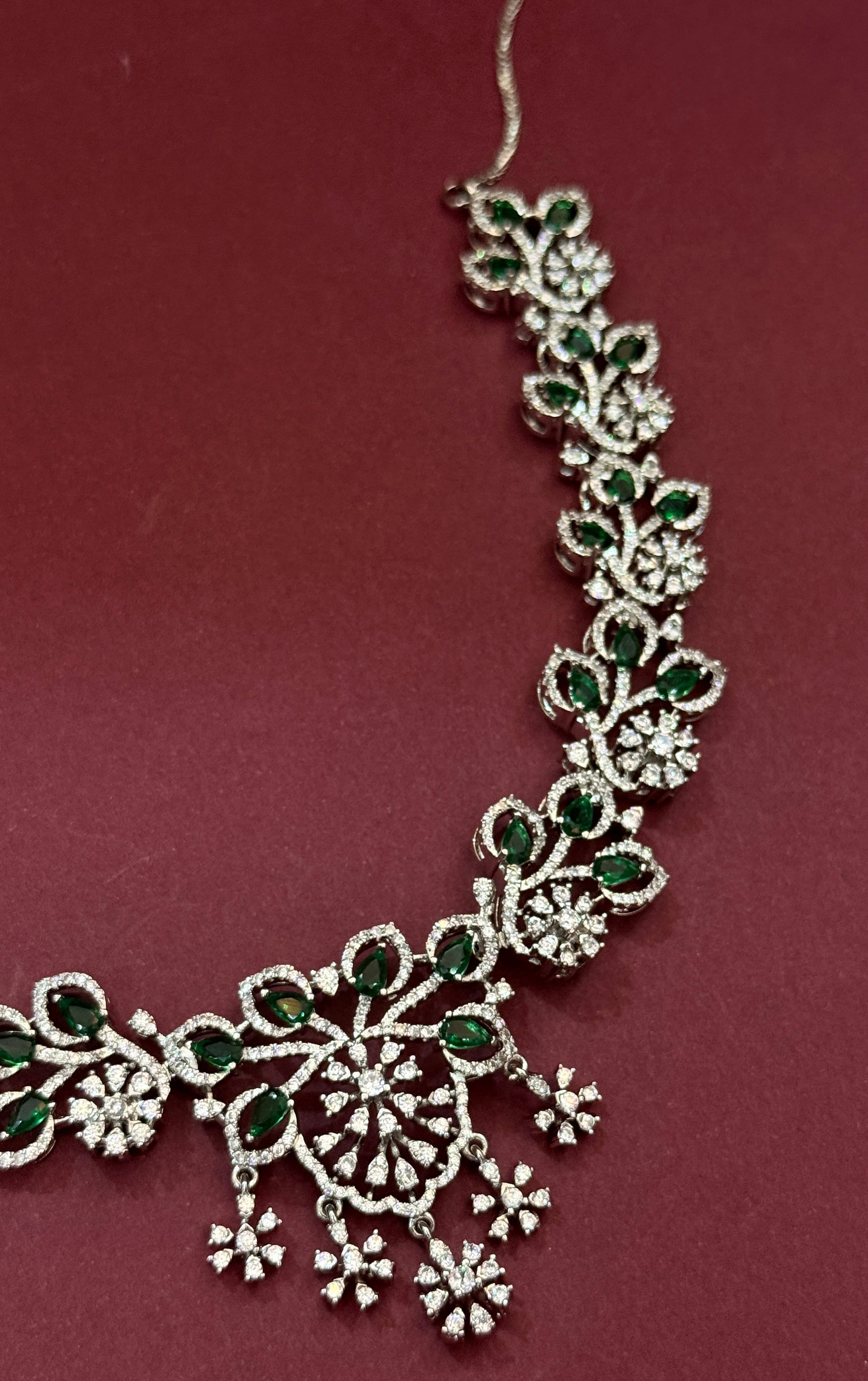 Emerald Floral Diamond Look Necklace Set