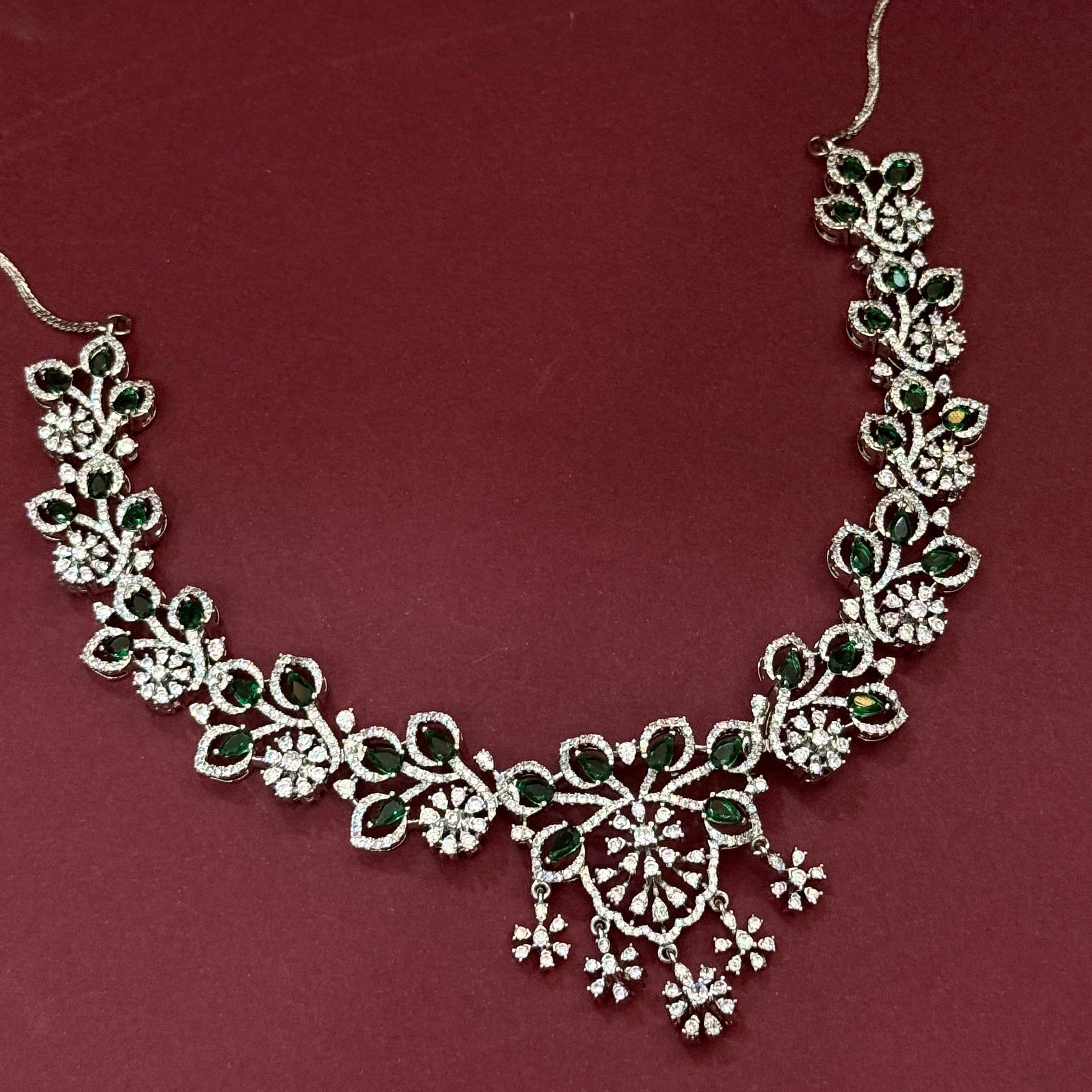 Emerald Floral Diamond Look Necklace Set