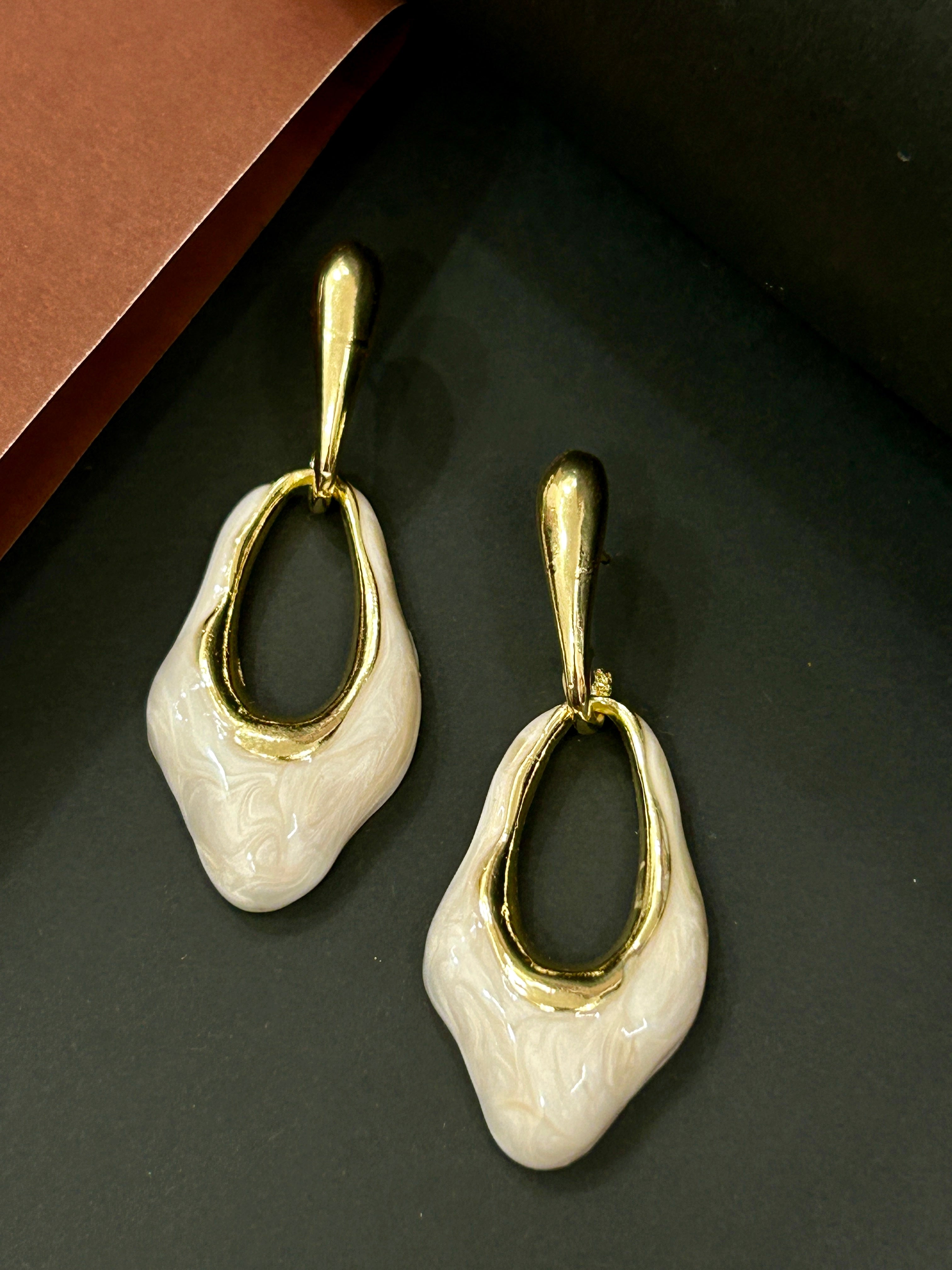 Elegant Gold & Pearl Enamel Drop Earring-Mivanaa