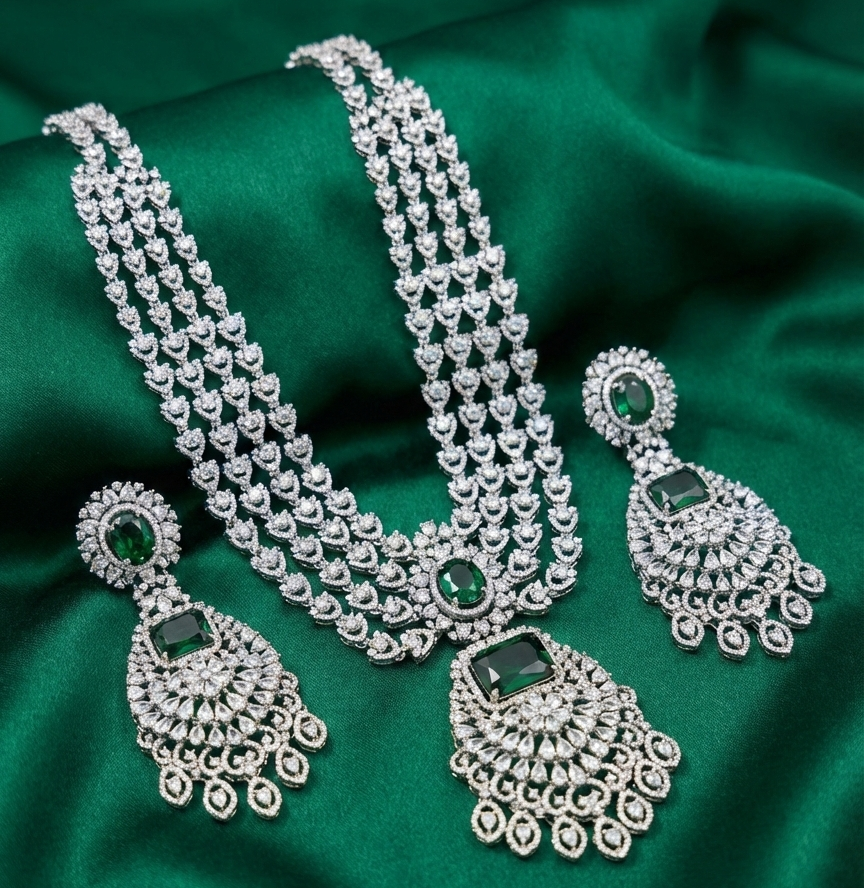 Maharani Glow Emerald American Diamond Necklace Set