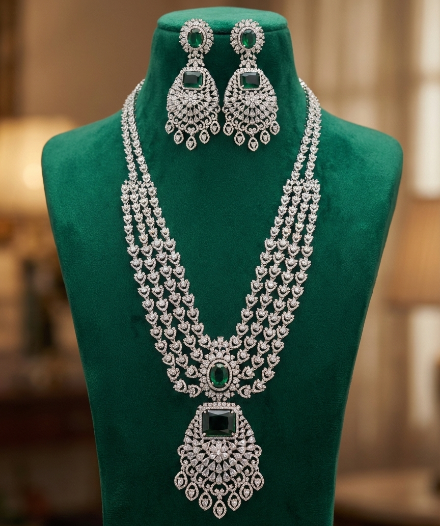 Maharani Glow Emerald American Diamond Necklace Set