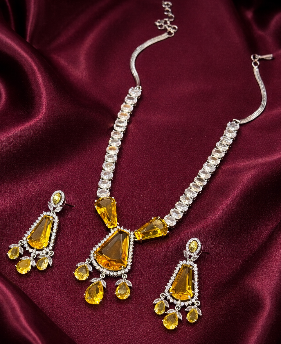 Yellow Crystal American Diamond Necklace Set
