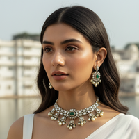 Royal Green Kundan Pearl Choker Necklace Set
