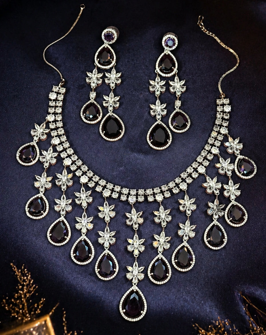 Lavender Teardrop American Diamond Statement Jewelry Set for Women