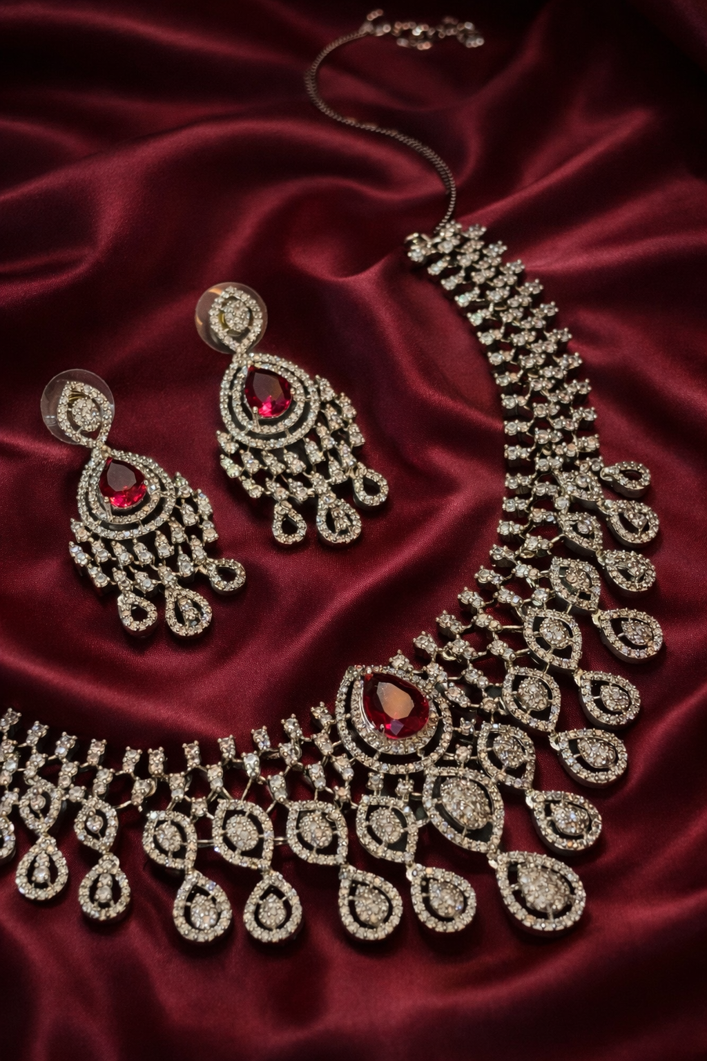 Royal Ruby Teardrop American Diamond Necklace Set