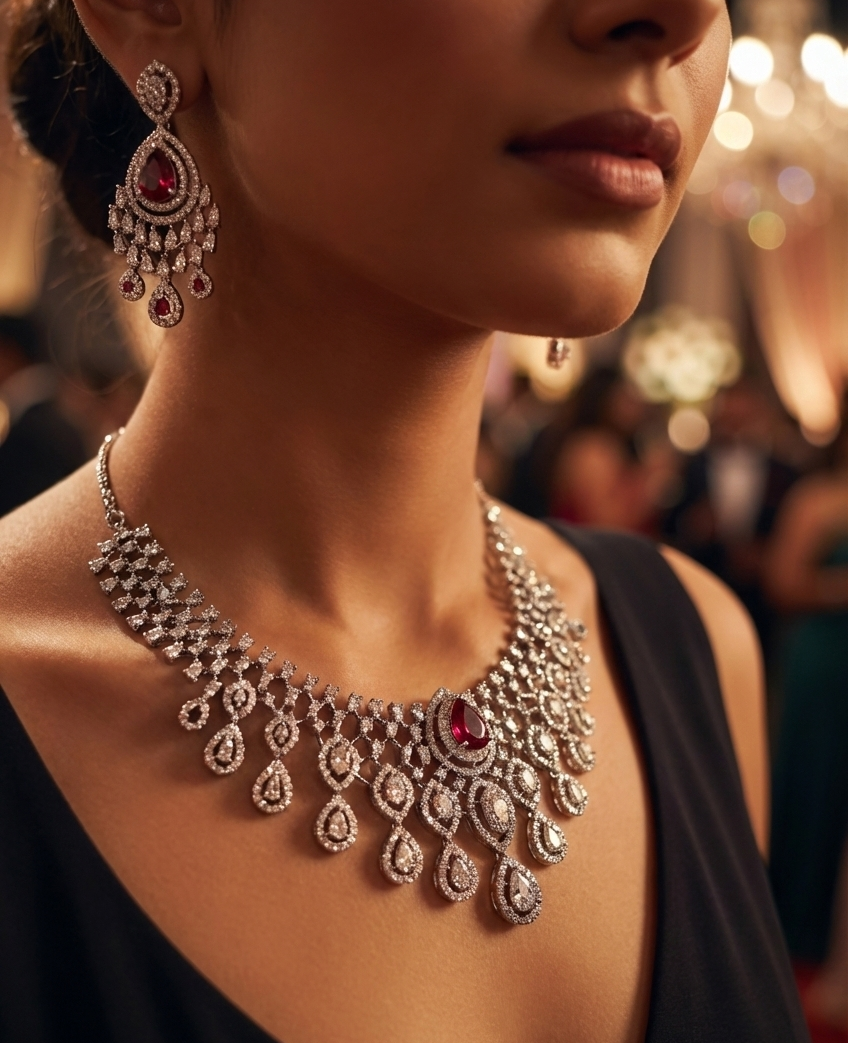 Royal Ruby Teardrop American Diamond Necklace Set