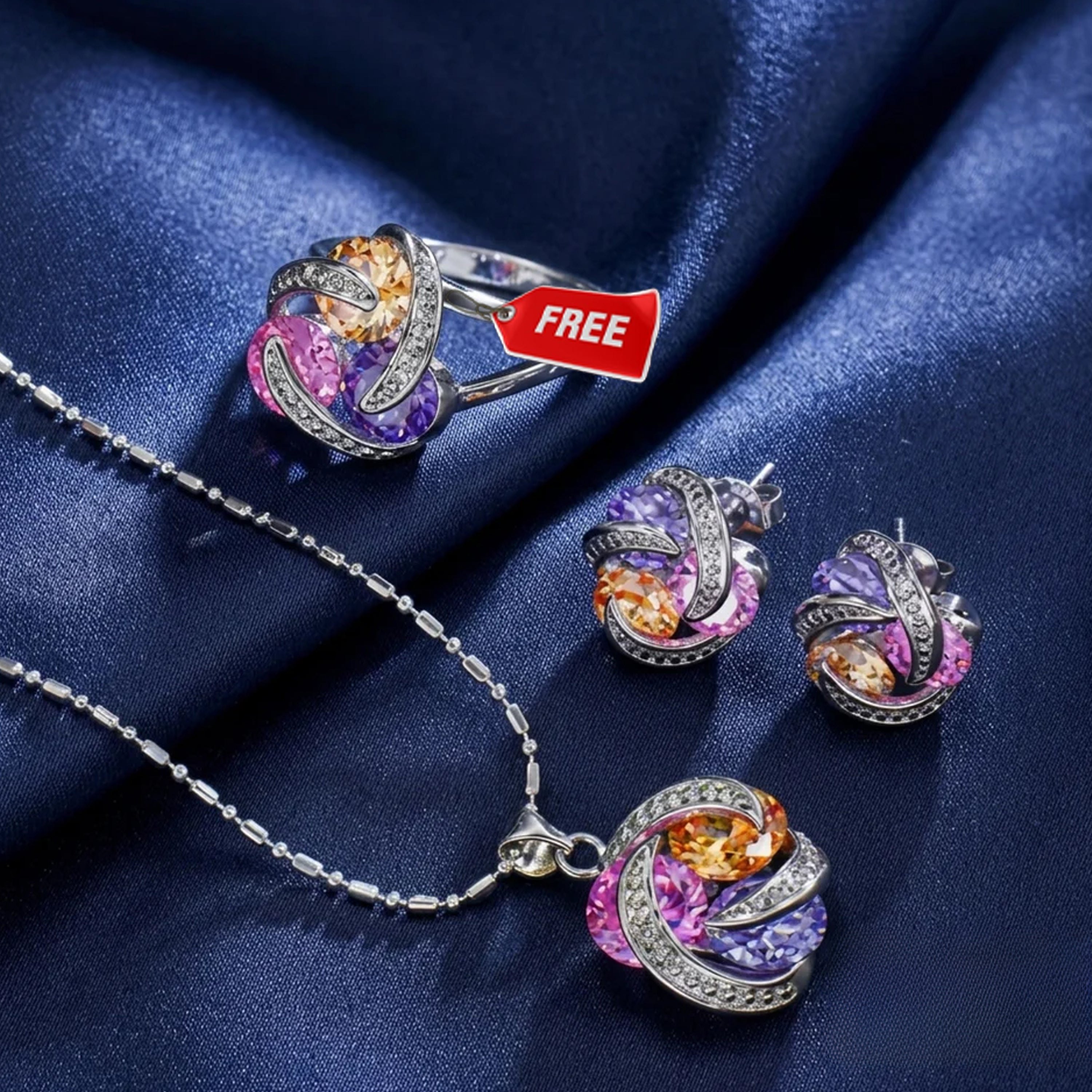 Elegant Multicolor Crystal 2 piece pendant set + Free Ring