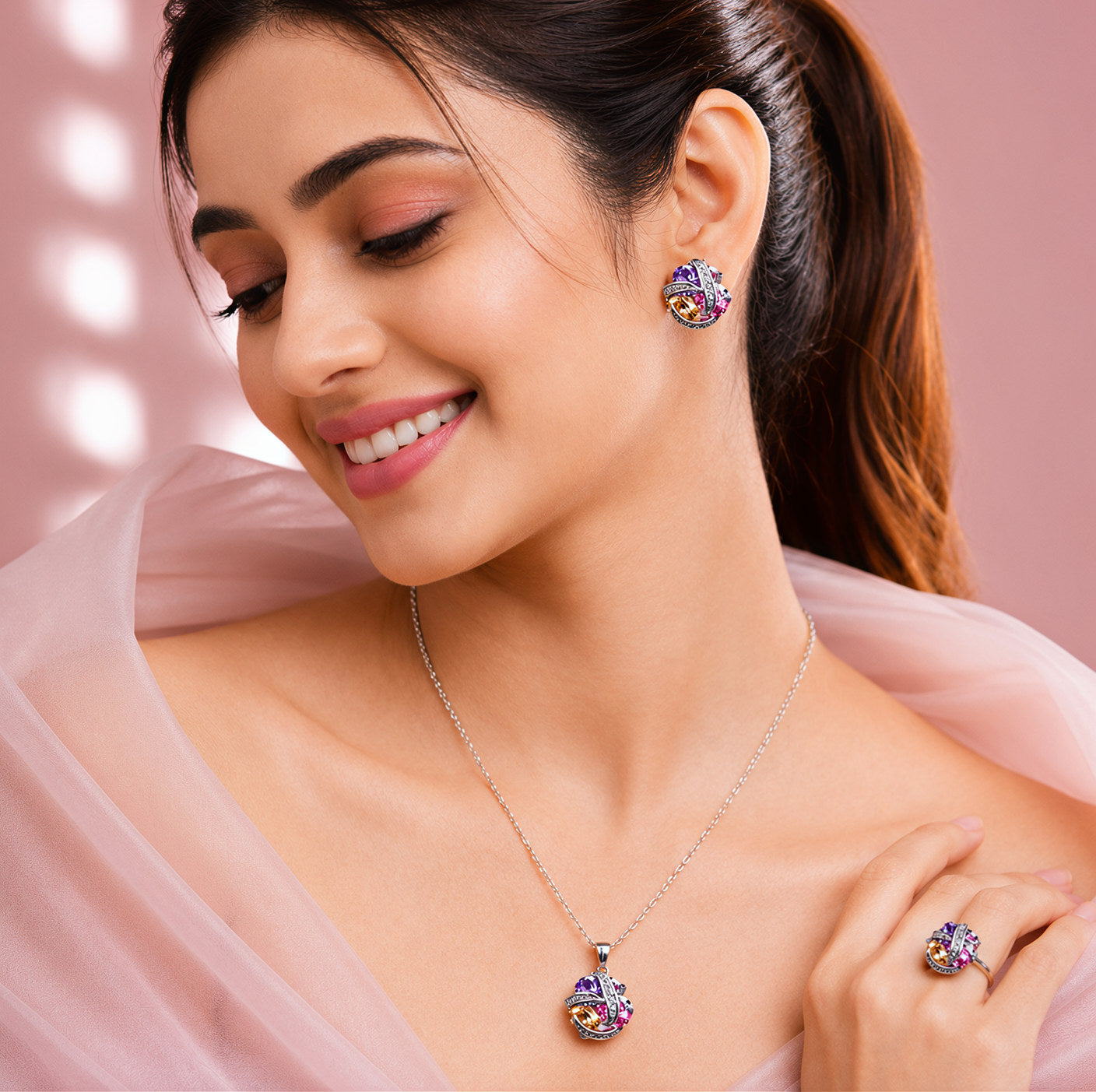Elegant Multicolor Crystal 3 piece pendant set