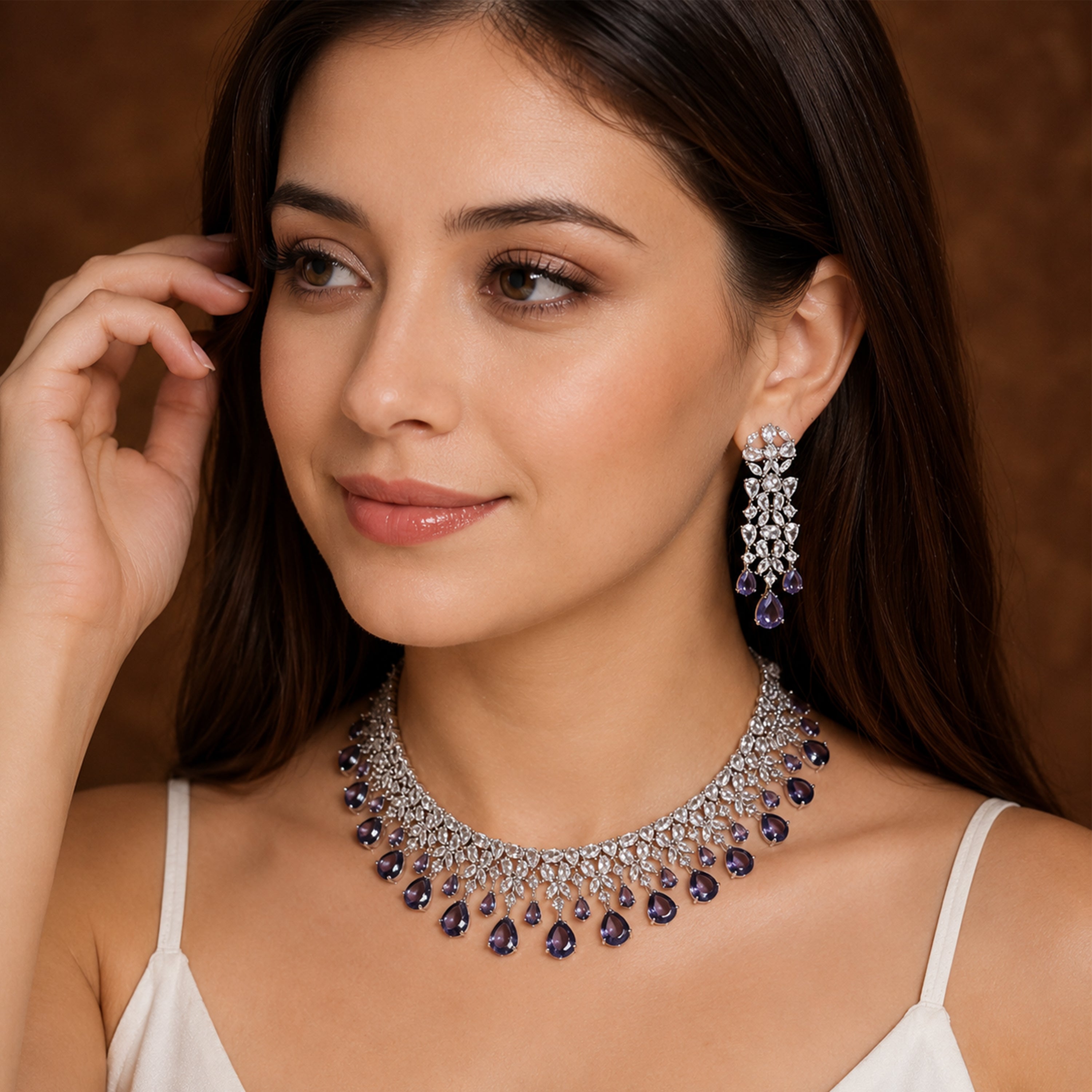 Luxury Purple CZ Diamond Necklace Set