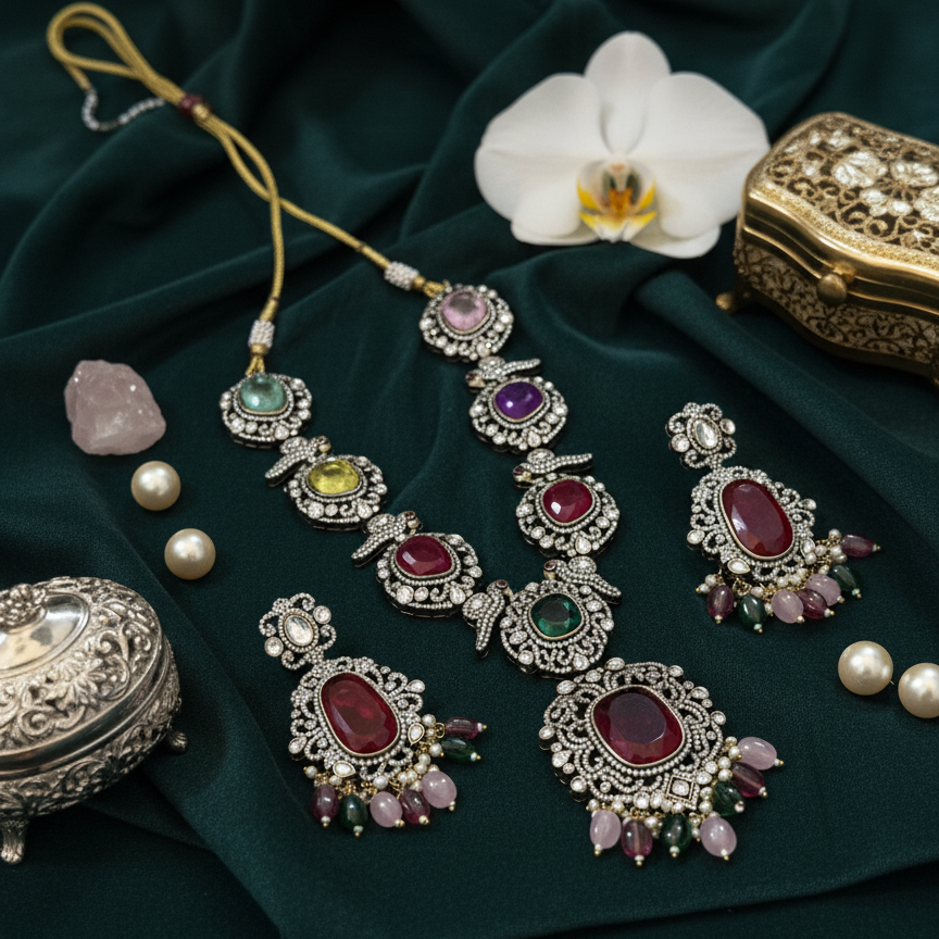 Royal Multicolour Kundan Necklace Set with Earrings