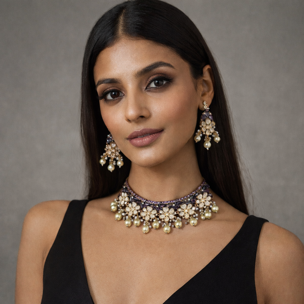 Royal Purple Polki Kundan Pearl