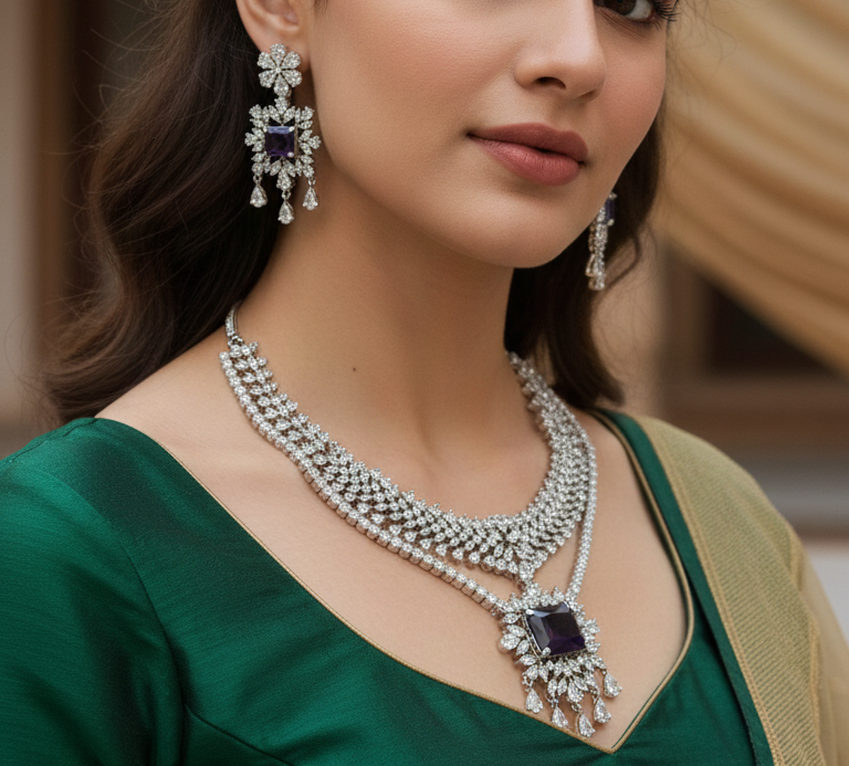 Royal Aura Purple American Diamond Necklace Set