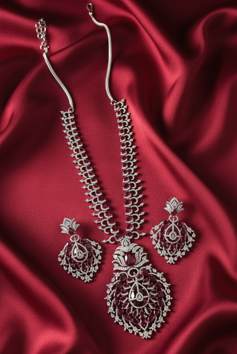 Royal Ruby Teardrop American Diamond Necklace Set
