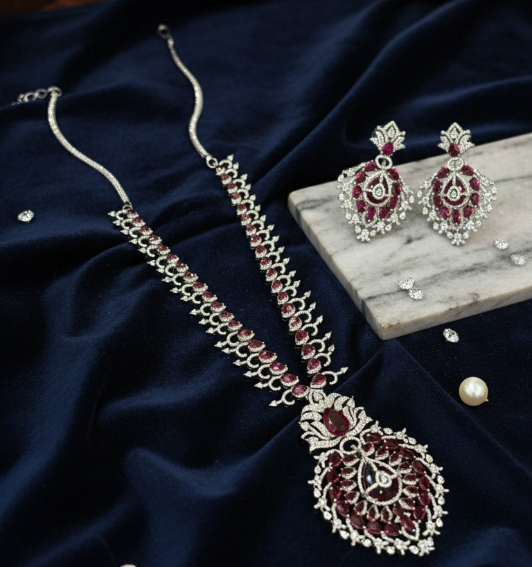Royal Ruby Teardrop American Diamond Necklace Set