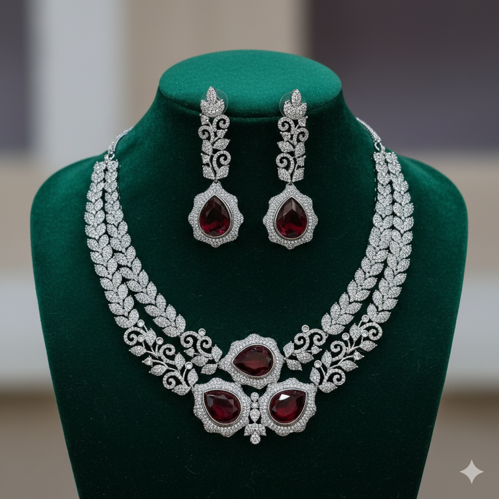 Imperial Ruby Leaf American Diamond Necklace Set
