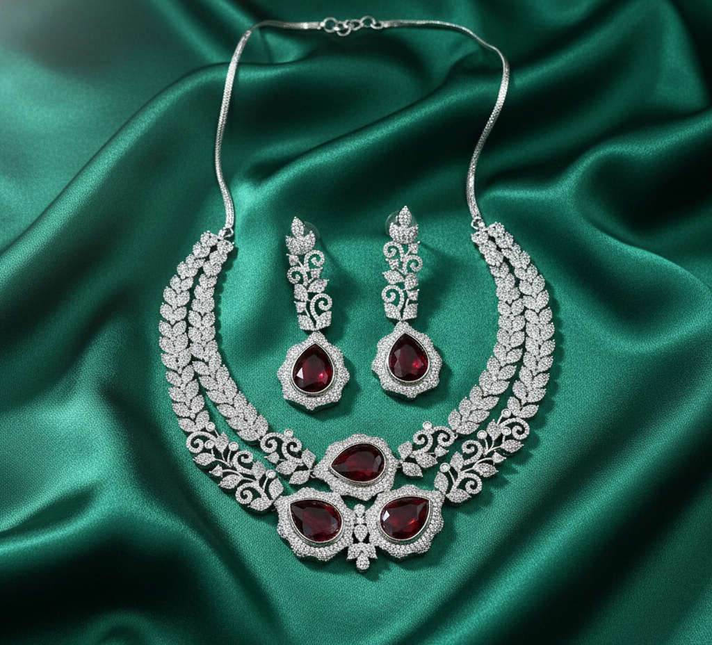 Imperial Ruby Leaf American Diamond Necklace Set