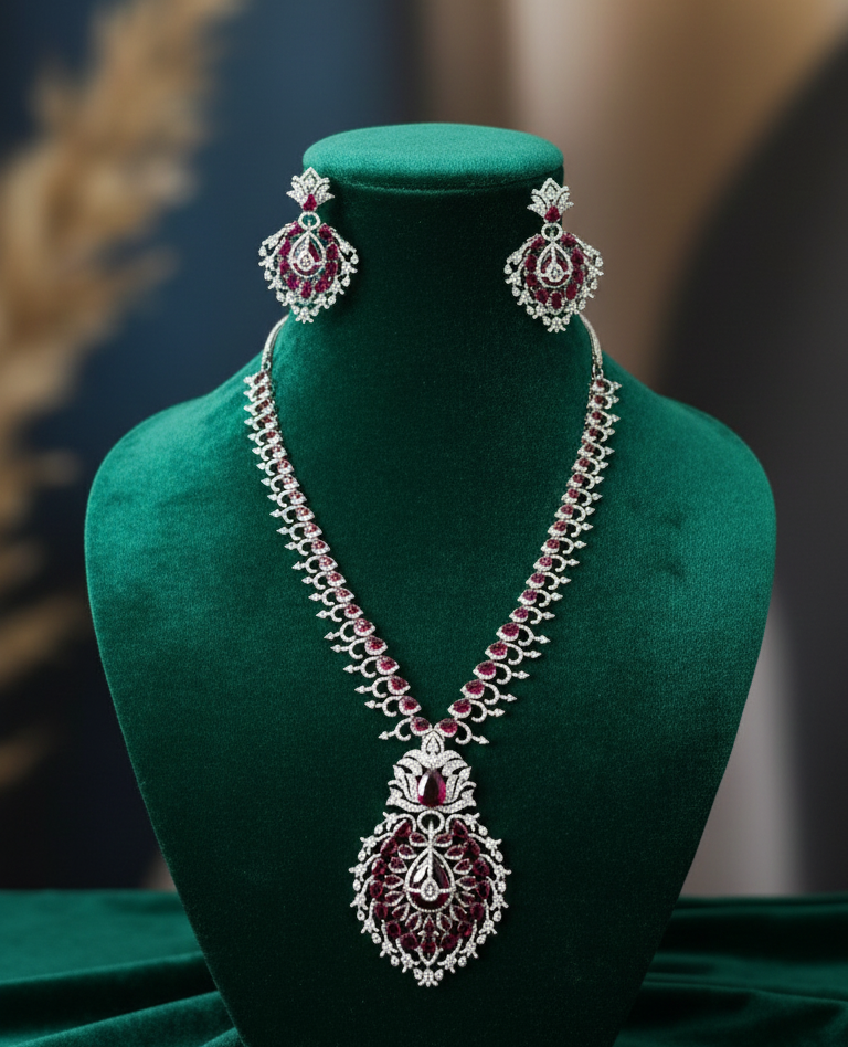 Royal Ruby Teardrop American Diamond Necklace Set